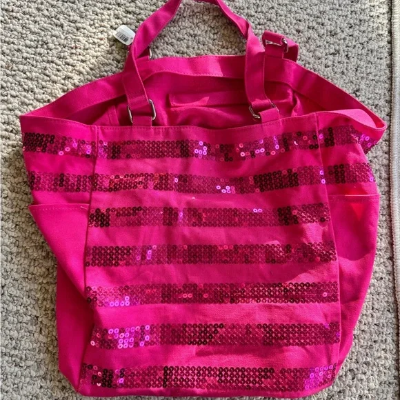 NWT Victoria's Secret HOT Pink Canvas Tote Bag Carry All Sequins - Picture 4 of 5